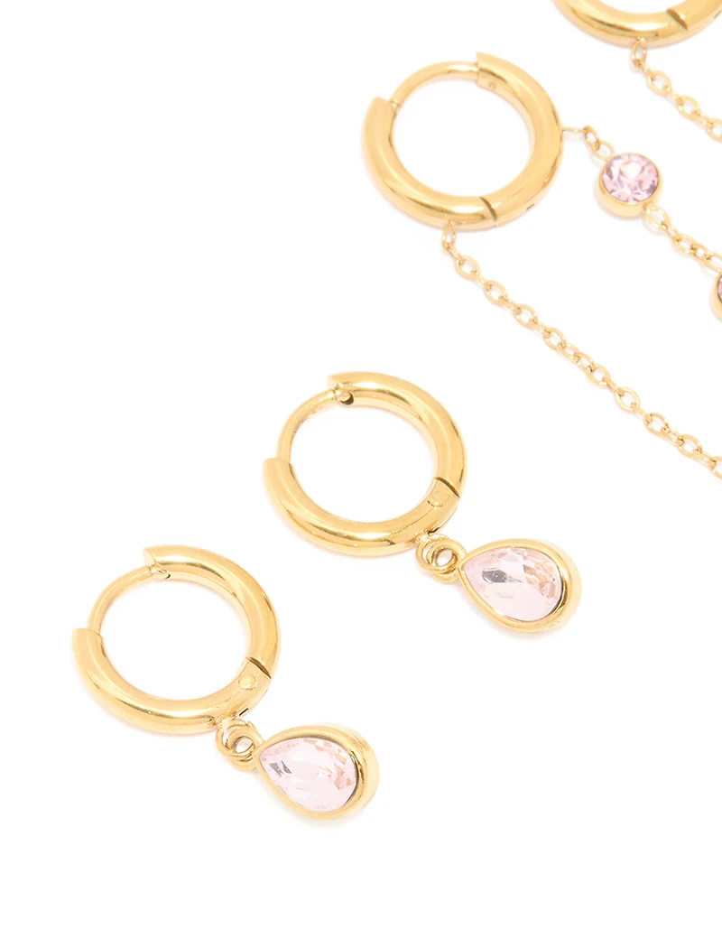 Waterproof Gold Plated Cubic Zirconia Chain Droplet Earrings 2-Pack