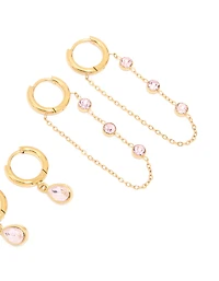 Waterproof Gold Plated Cubic Zirconia Chain Droplet Earrings 2-Pack