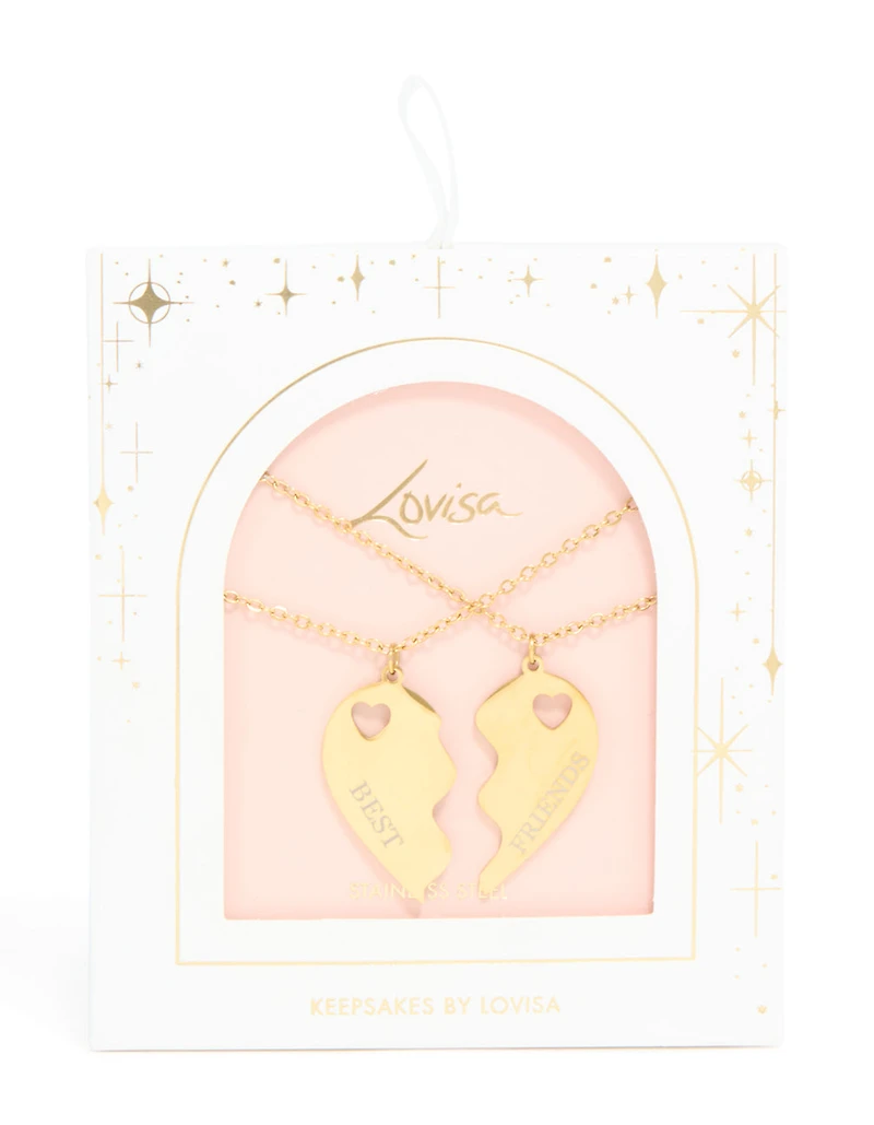 Waterproof Gold Plated Stainless Steel BFF Heart Necklaces 2-Pack