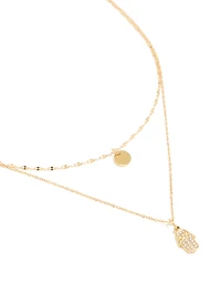 Waterproof Gold Plated Stainless Steel Cubic Zirconia Hamsa Hand & Disc Layered Necklace