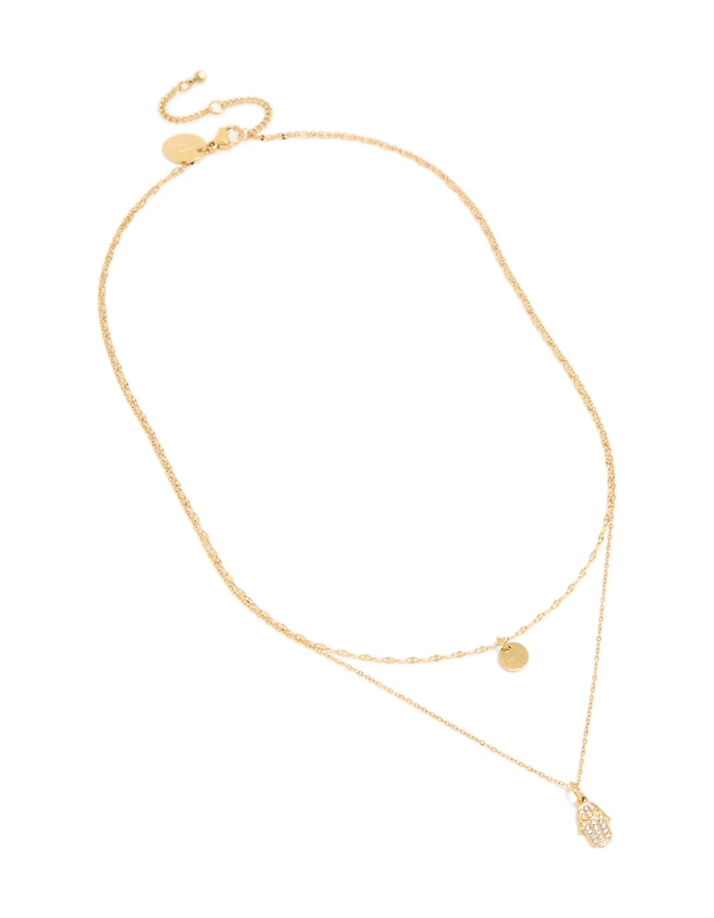 Waterproof Gold Plated Stainless Steel Cubic Zirconia Hamsa Hand & Disc Layered Necklace