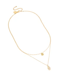 Waterproof Gold Plated Stainless Steel Cubic Zirconia Hamsa Hand & Disc Layered Necklace