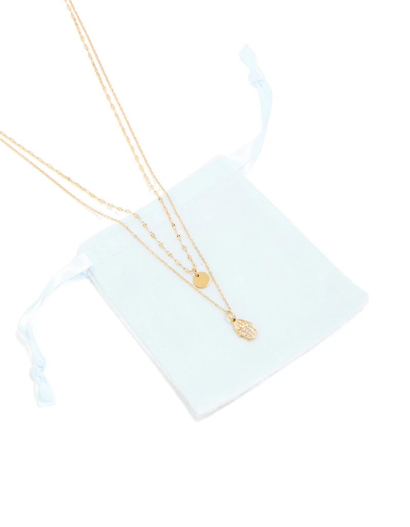 Waterproof Gold Plated Stainless Steel Cubic Zirconia Hamsa Hand & Disc Layered Necklace