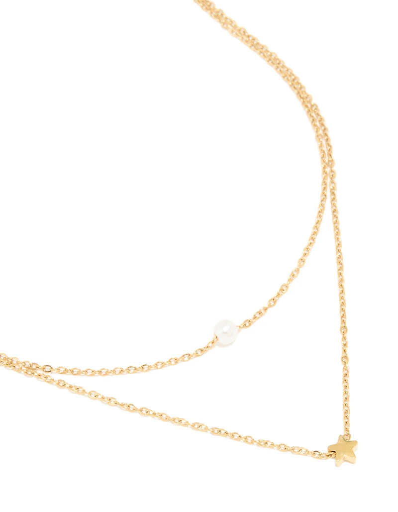 Waterproof Gold Plated Stainless Steel Star & Pearl Layered Necklace