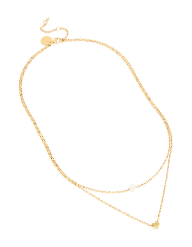 Waterproof Gold Plated Stainless Steel Star & Pearl Layered Necklace
