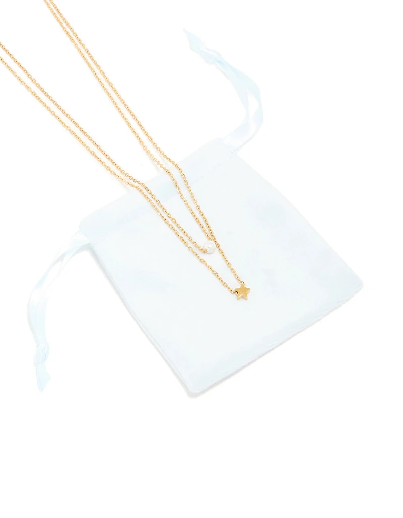 Waterproof Gold Plated Stainless Steel Star & Pearl Layered Necklace