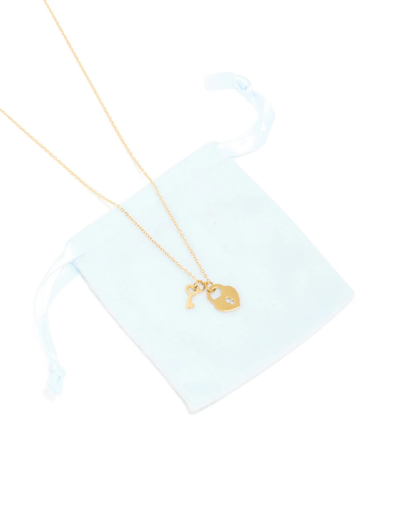 Waterproof Gold Plated Stainless Steel Key & Locket Pendant Necklace