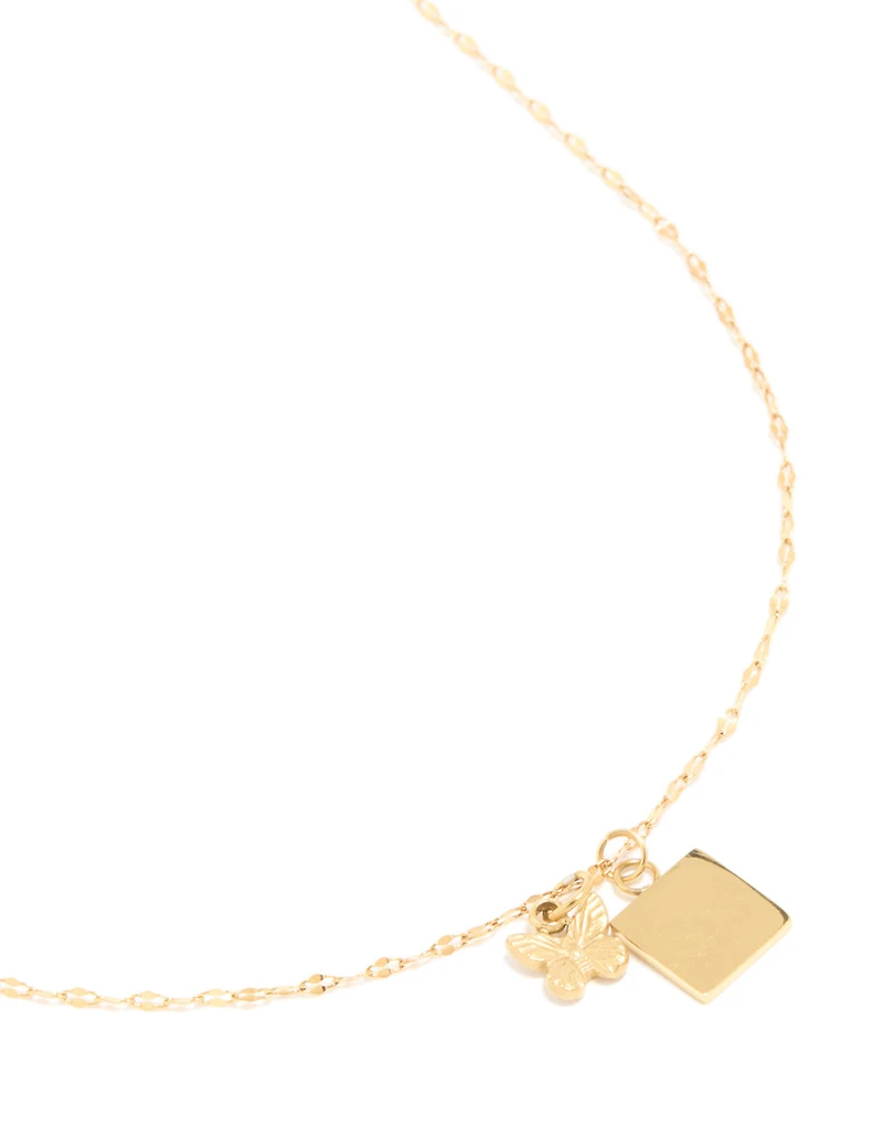 Waterproof Gold Plated Stainless Steel Square & Butterfly Pendant Necklace