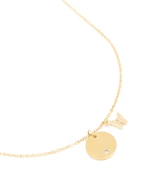 Waterproof Gold Plated Stainless Steel Circle & Diamante Butterfly Pendant Necklace