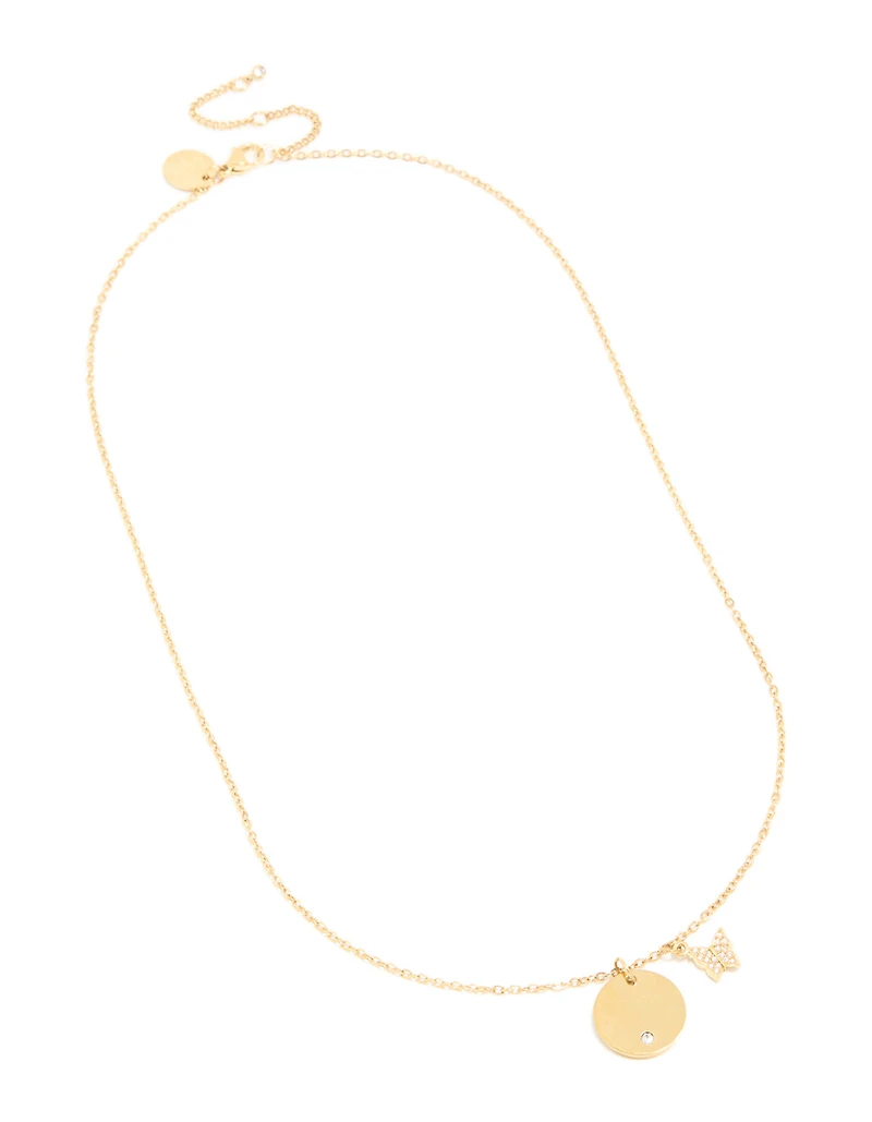 Waterproof Gold Plated Stainless Steel Circle & Diamante Butterfly Pendant Necklace