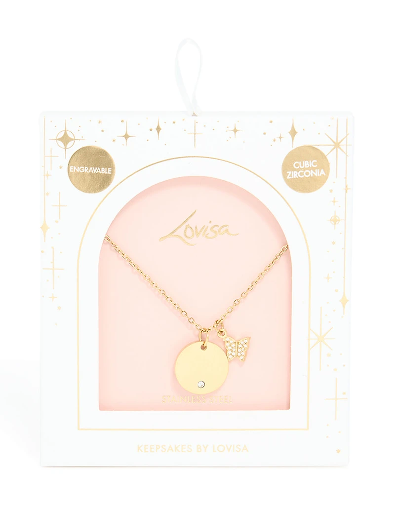 Waterproof Gold Plated Stainless Steel Circle & Diamante Butterfly Pendant Necklace