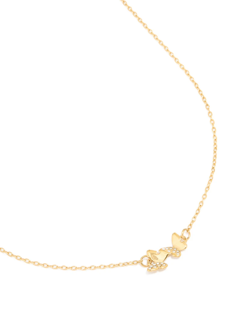 Gold Plated Stainless Steel Cubic Zirconia Butterfly Necklace