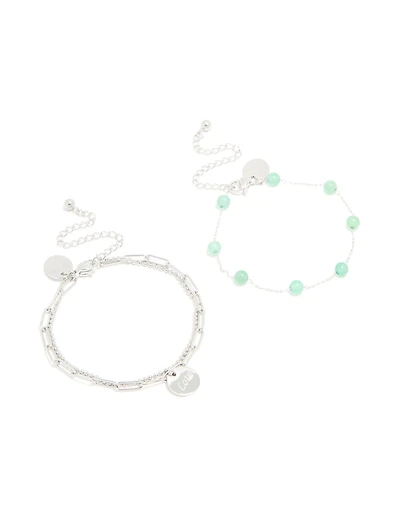 Waterproof Stainless Steel Green Semi Precious Stone & Love Bracelets 2-Pack