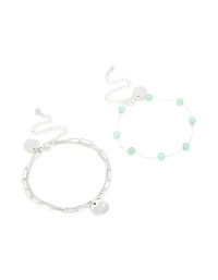 Waterproof Stainless Steel Green Semi Precious Stone & Love Bracelets 2-Pack