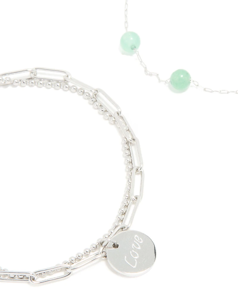 Waterproof Stainless Steel Green Semi Precious Stone & Love Bracelets 2-Pack