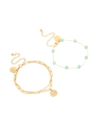 Waterproof Gold Plated Stainless Steel Green Semi Precious Stone & Love Bracelet 2-Pack