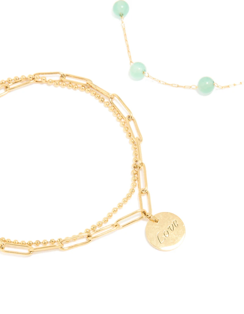 Waterproof Gold Plated Stainless Steel Green Semi Precious Stone & Love Bracelet 2-Pack