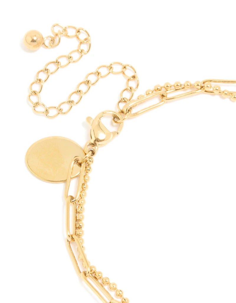 Waterproof Gold Plated Stainless Steel Green Semi Precious Stone & Love Bracelet 2-Pack