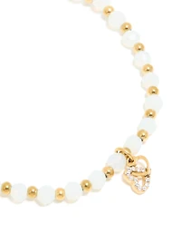 Waterproof Gold Plated Stainless Steel Clear Quartz Semi Precious Stone & Heart Link Chain Bracelet