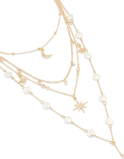 Collier en Y en perles célestes dorées