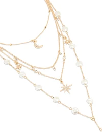 Collier en Y en perles célestes dorées