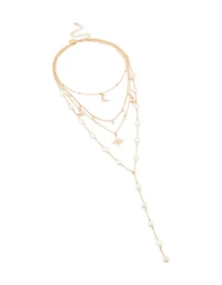 Collier en Y en perles célestes dorées