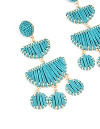 Gold Blue Raffia Crescent Drop Earrings