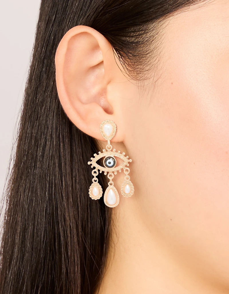 Gold Pearl Evil Eye Drop Earrings