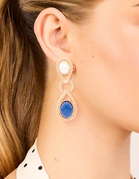 Gold Pearl & Blue Stone Textured Twisted Drop Earrings