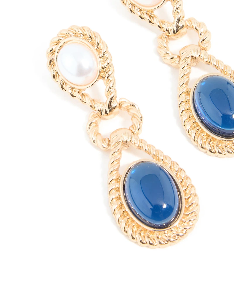 Gold Pearl & Blue Stone Textured Twisted Drop Earrings