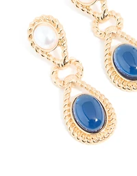 Gold Pearl & Blue Stone Textured Twisted Drop Earrings