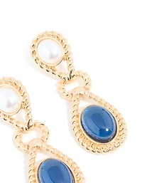 Gold Pearl & Blue Stone Textured Twisted Drop Earrings