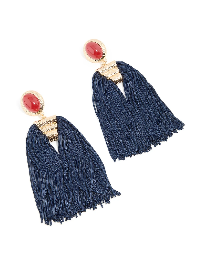 Boucles d’oreilles en pierre rouge dorée et à franges bleu foncé