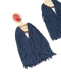 Boucles d’oreilles en pierre rouge dorée et à franges bleu foncé