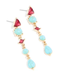 Gold Blue Stone & Red Diamante Aztec Triangle Drop Earrings