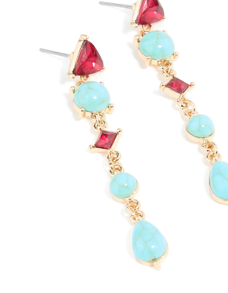 Gold Blue Stone & Red Diamante Aztec Triangle Drop Earrings