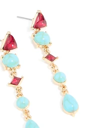 Gold Blue Stone & Red Diamante Aztec Triangle Drop Earrings