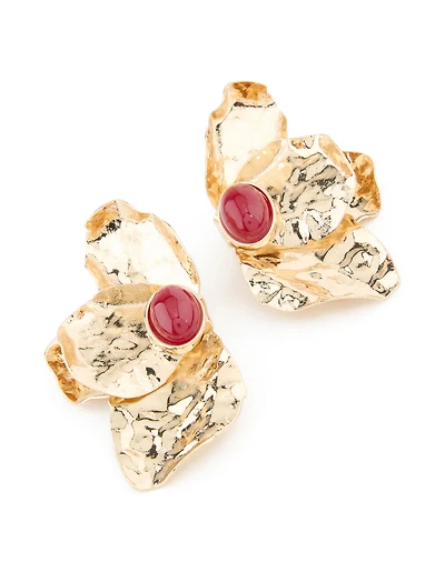 Gold Textured Flower Red Bead Stud Earrings