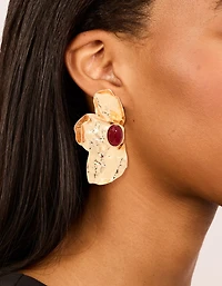 Gold Textured Flower Red Bead Stud Earrings