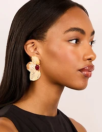 Gold Textured Flower Red Bead Stud Earrings