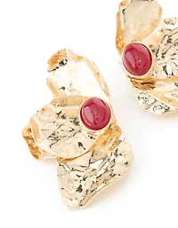 Gold Textured Flower Red Bead Stud Earrings
