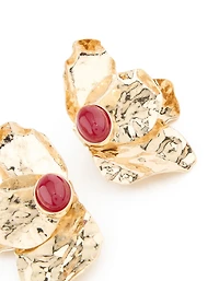 Gold Textured Flower Red Bead Stud Earrings