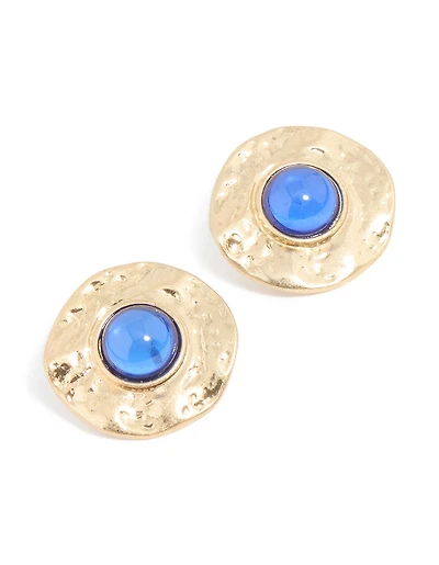 Gold Blue Stone Textured Large Stud Earrings
