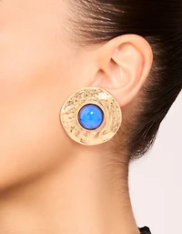 Gold Blue Stone Textured Large Stud Earrings