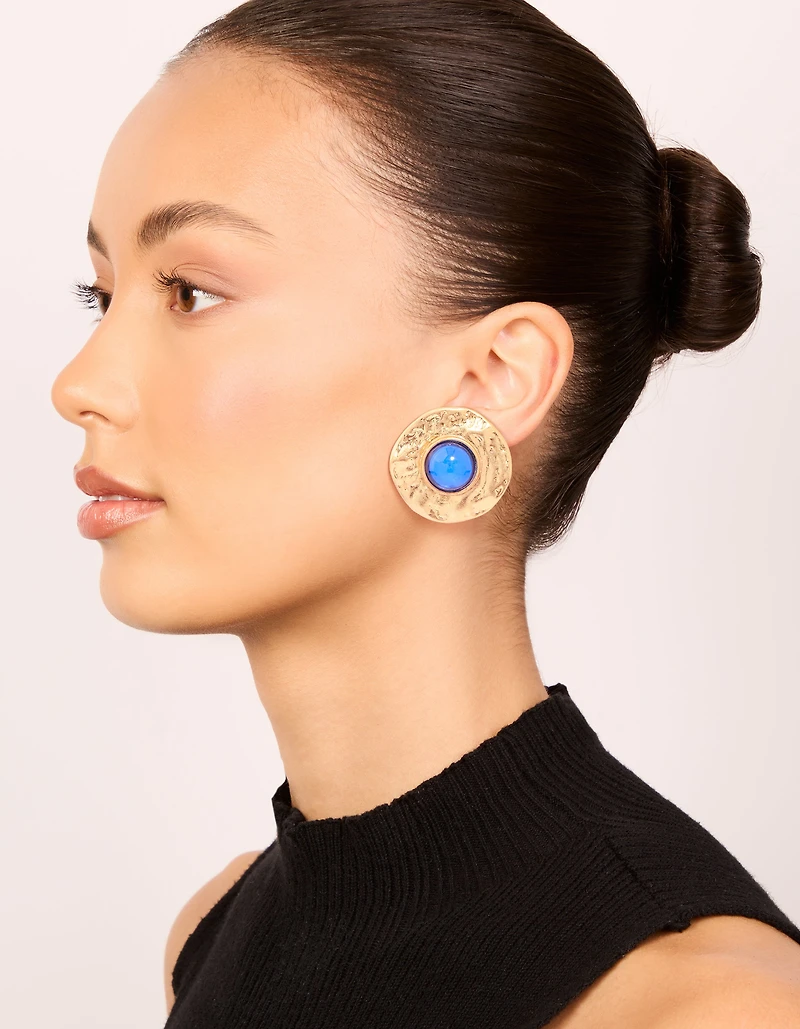 Gold Blue Stone Textured Large Stud Earrings