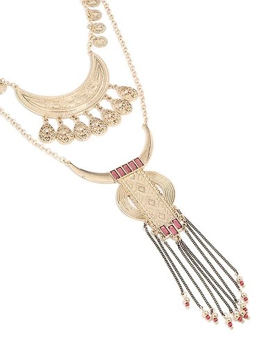 Antique Gold Red Beaded Patterned Necklace