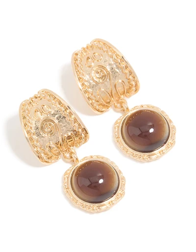 Gold Brown Stone Textured Drop Earrings