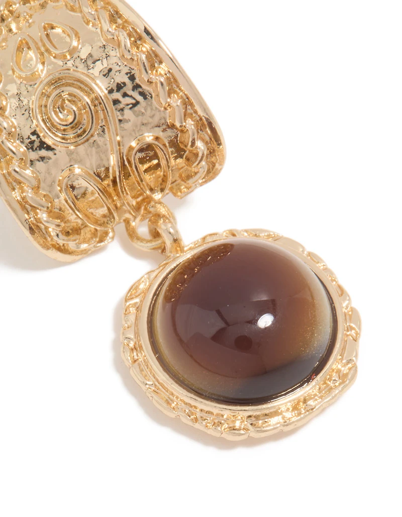 Gold Brown Stone Textured Drop Earrings