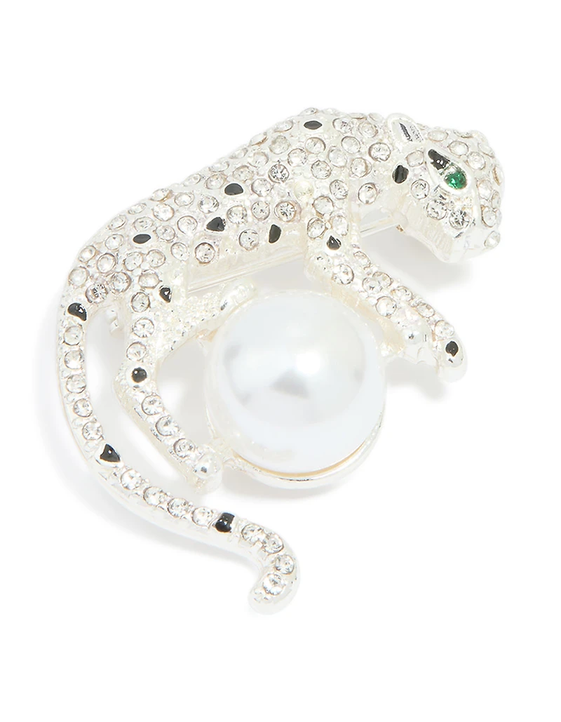 Silver Diamante Jaguar & Pearl Brooch