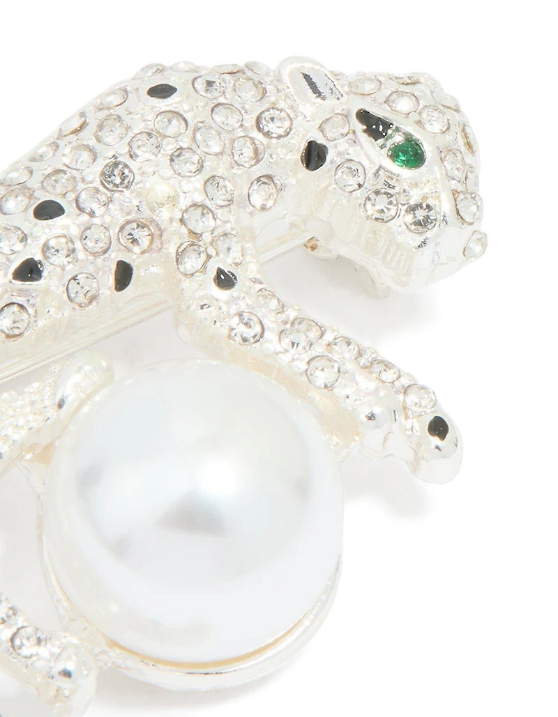 Silver Diamante Jaguar & Pearl Brooch